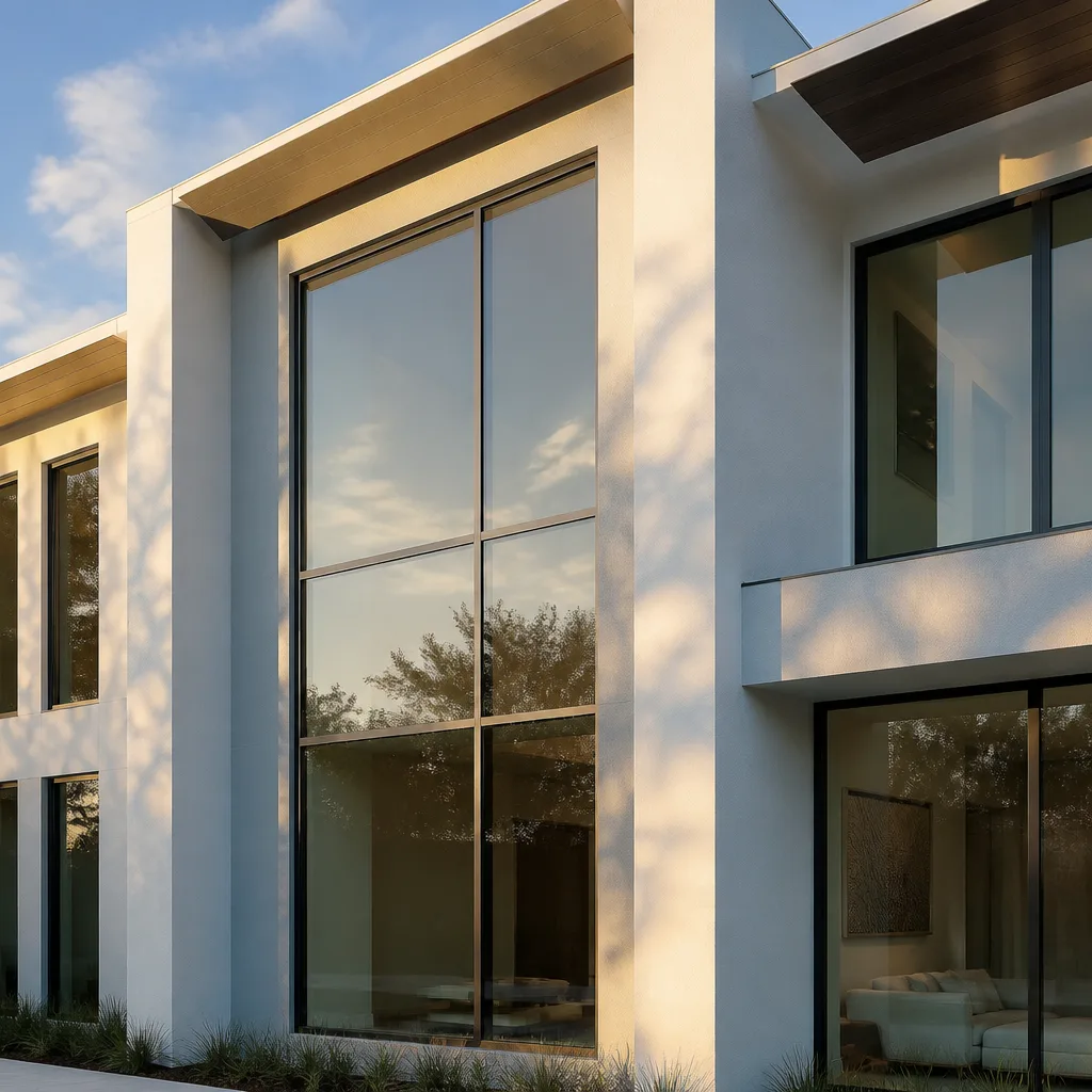 Modern residential luxury home exterior with large architectural windows and doors