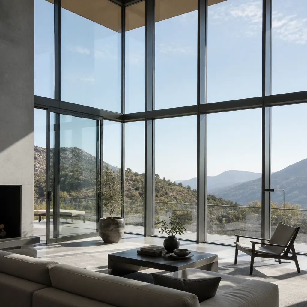 Modern floor-to-ceiling windows and sliding glass door with mountain view
